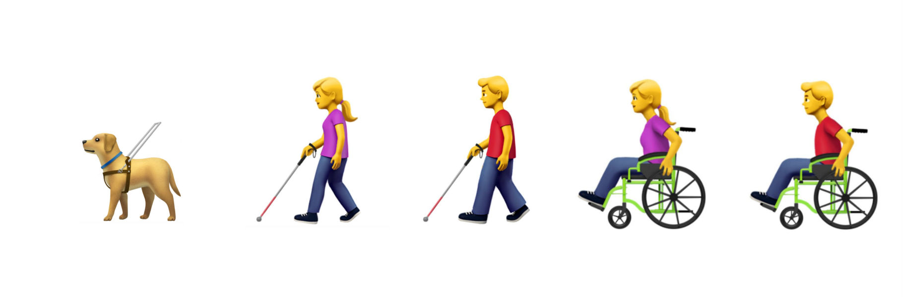 Emojis d'un gos pigall, d'una noia i un noi amb discapacitat visual i d'una noia i un noi en cadira de rodes.