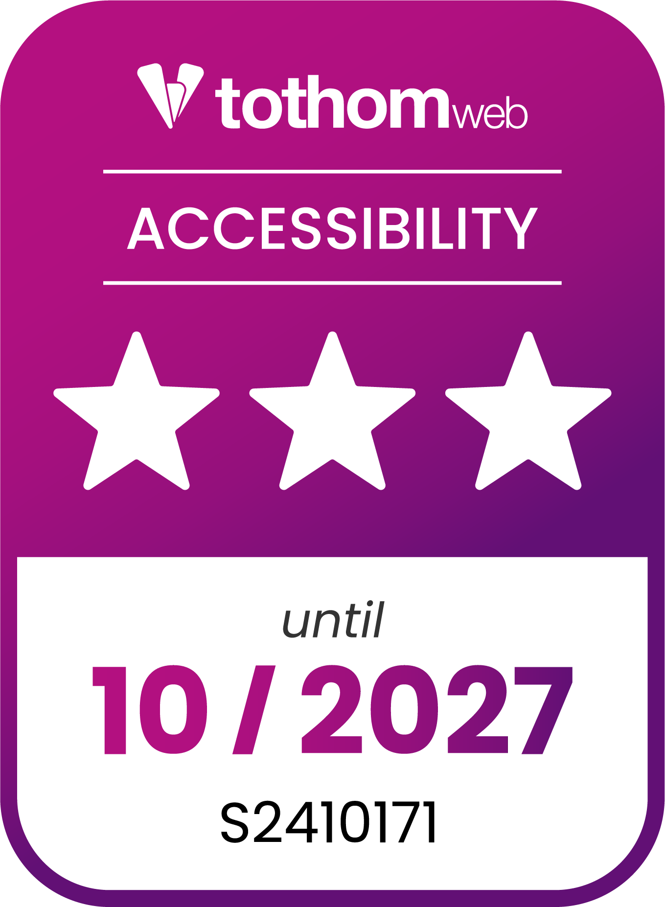 tothomweb. ACCESSIBILITY. 3/3 stars. until 10/2027. S2410171