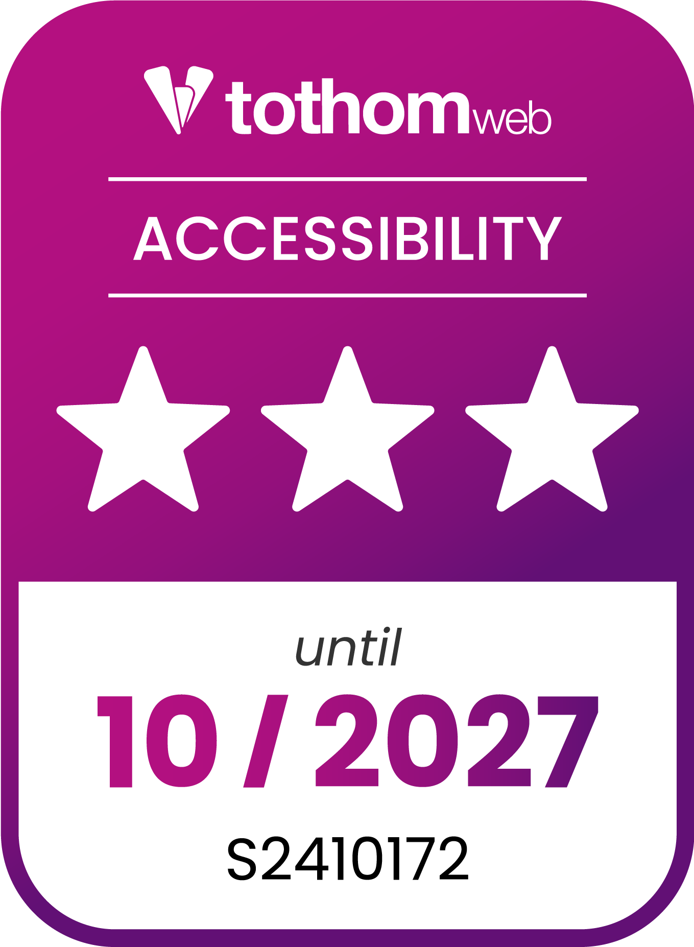 tothomweb. ACCESSIBILITY. 3/3 stars. until 10/2027. S2410172