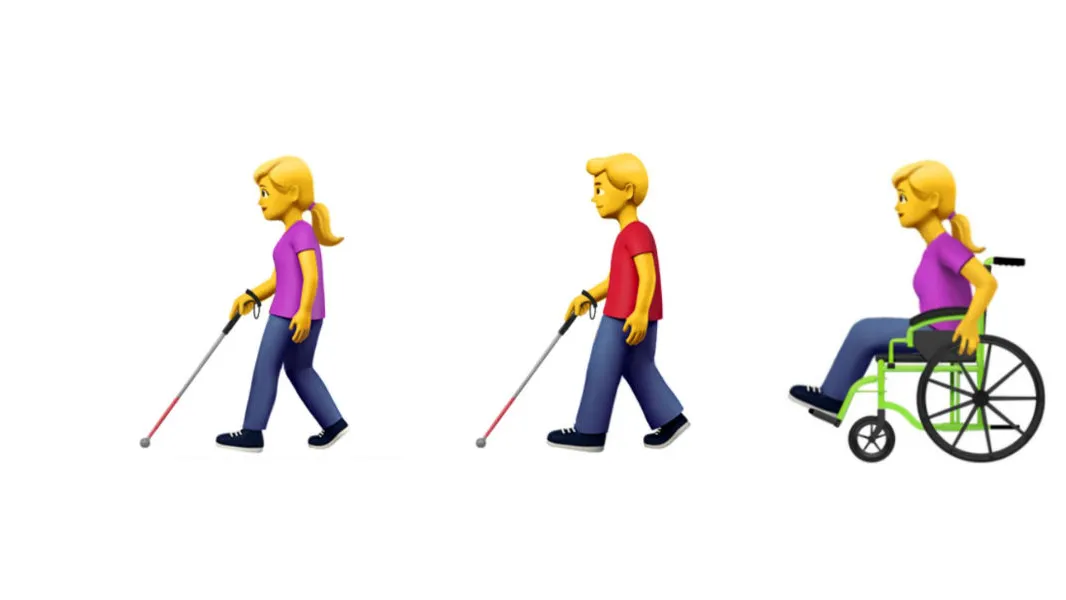 Emojis of a guide dog, a girl and a boy with a visual disability and a girl and a boy in a wheelchair.